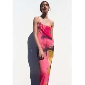 Zara David Pher Printed Art Maxi Dress Vibrant Pink and Yellow Resort 2023